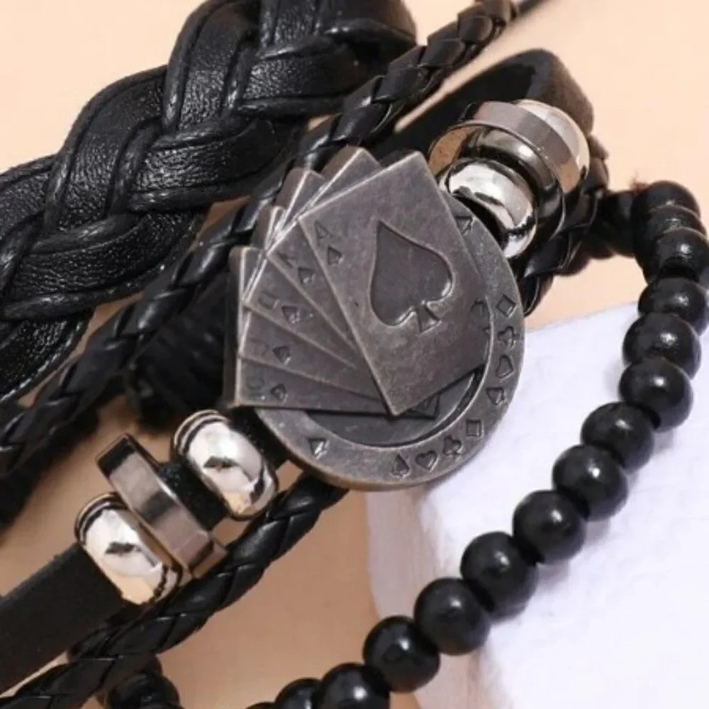 BLACK LEATHER ACE OF CARDS BARCELET SET